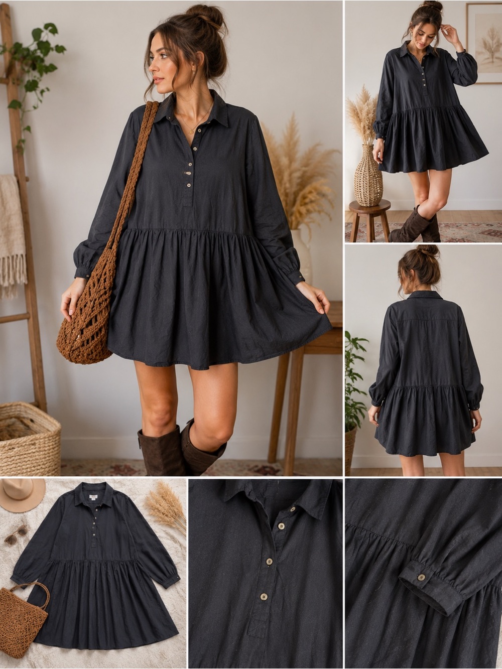 NWT Maeve Anthropologie Black Tiered Button Front Shirt Dress Small